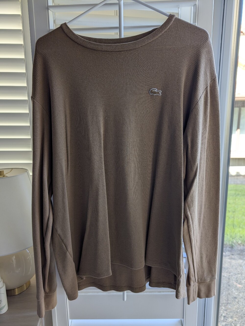 Lacoste Waffle Knit Thermal Sleep Shirt Tan XL Crew Neck Long Sleeve